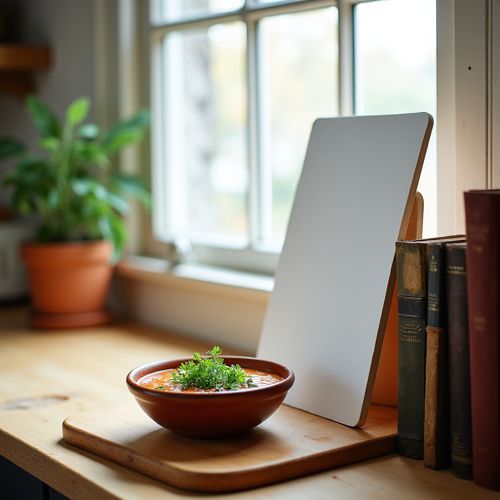 DIY foam board reflector positioned beside a plate of food near a window, demonstrating budget lighting technique