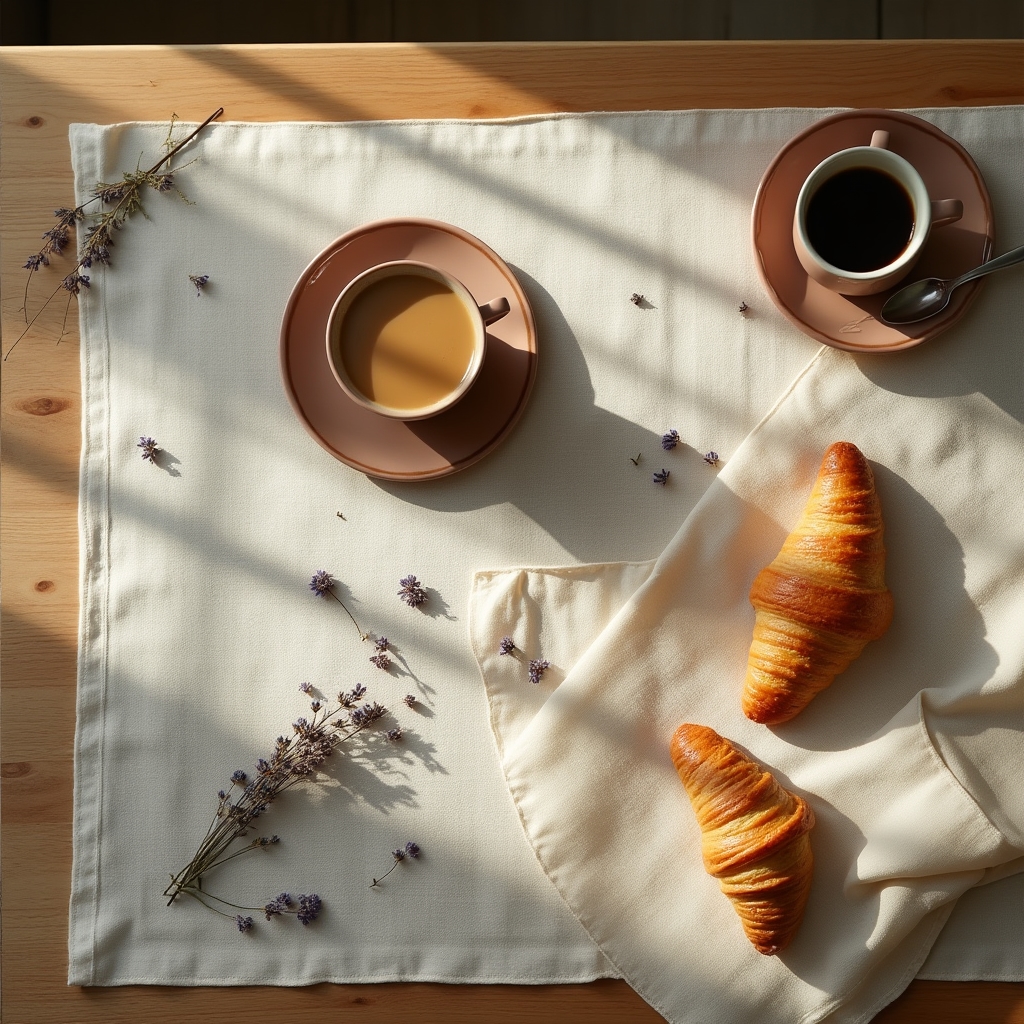 Overhead flat lay of pastries and coffee shot with natural window light on a linen surface