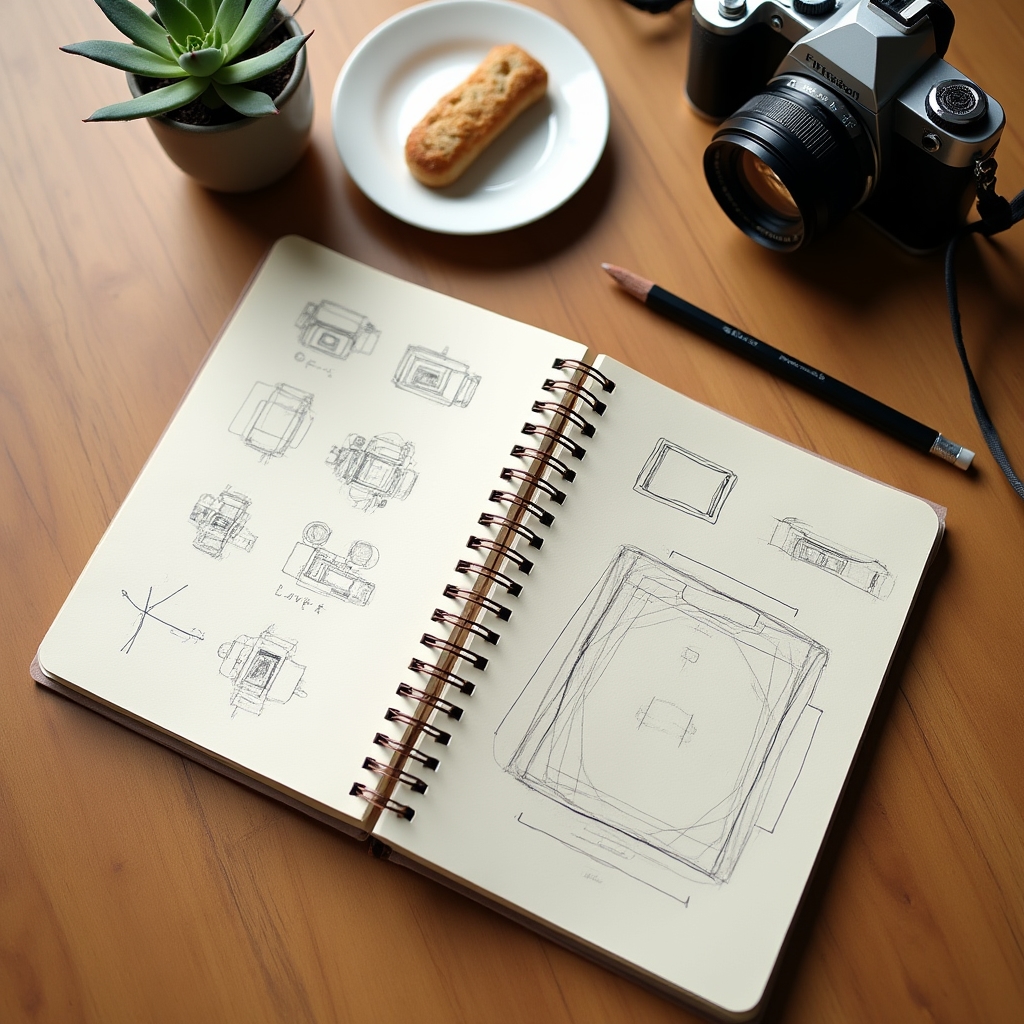 Open notebook with handwritten food photography notes beside a simple camera and natural props on a wooden table