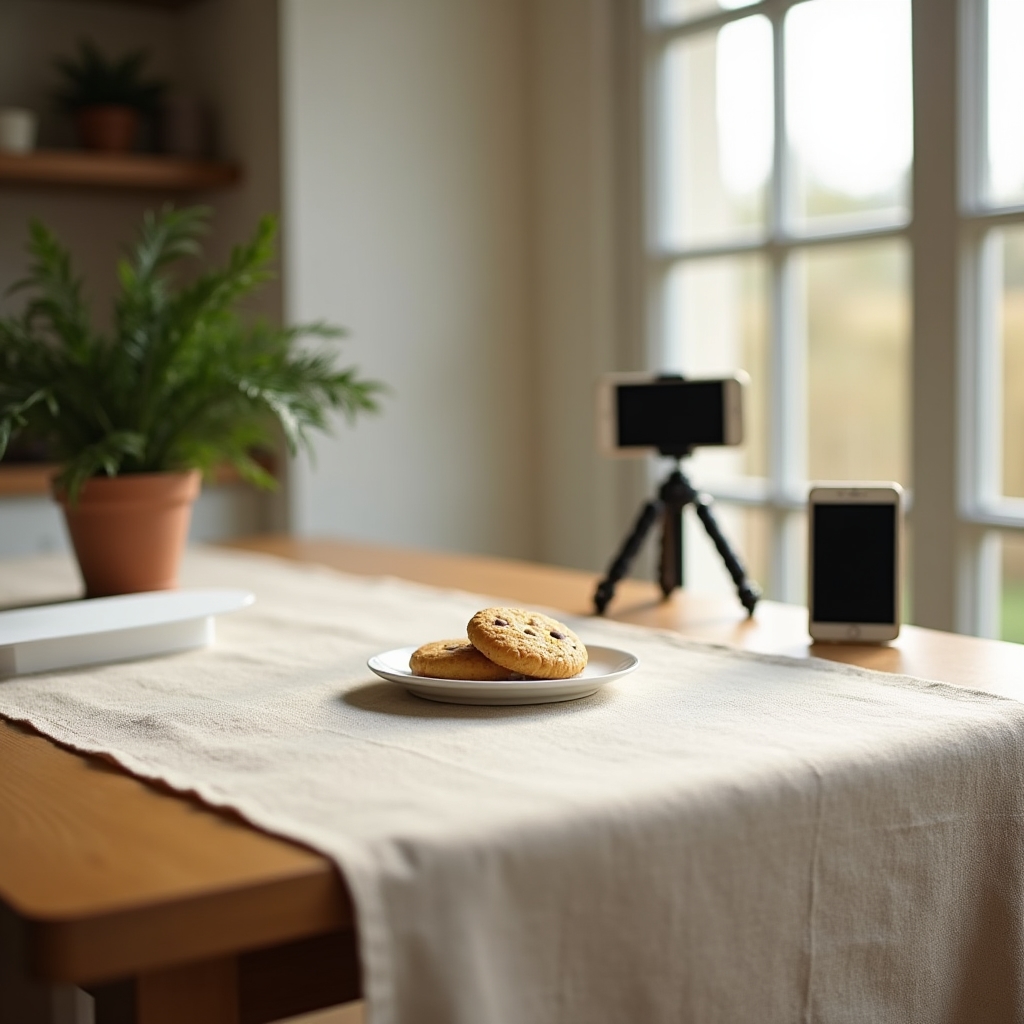 Minimal photography setup on a kitchen table showing a foam board reflector, linen background and a plate of food near a bright window
