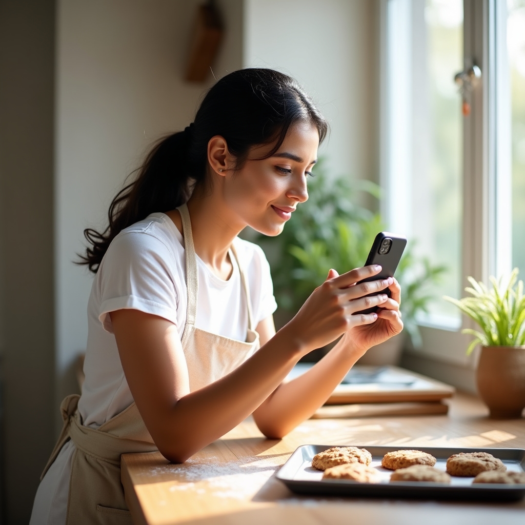 Young woman baker photographing her freshly baked goods on a kitchen counter near a window with natural light