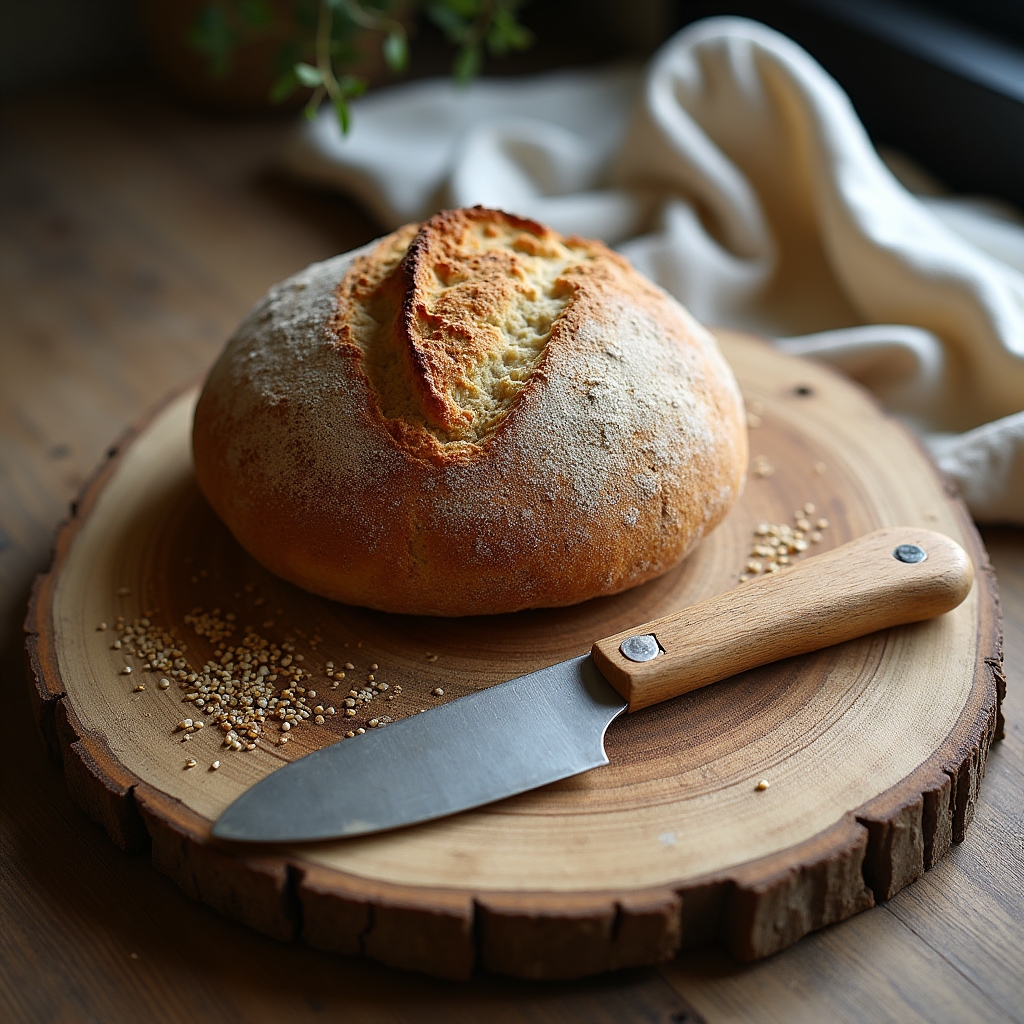Carefully styled baking scene with bread, scattered seeds, vintage knife and linen cloth arranged to look naturally casual