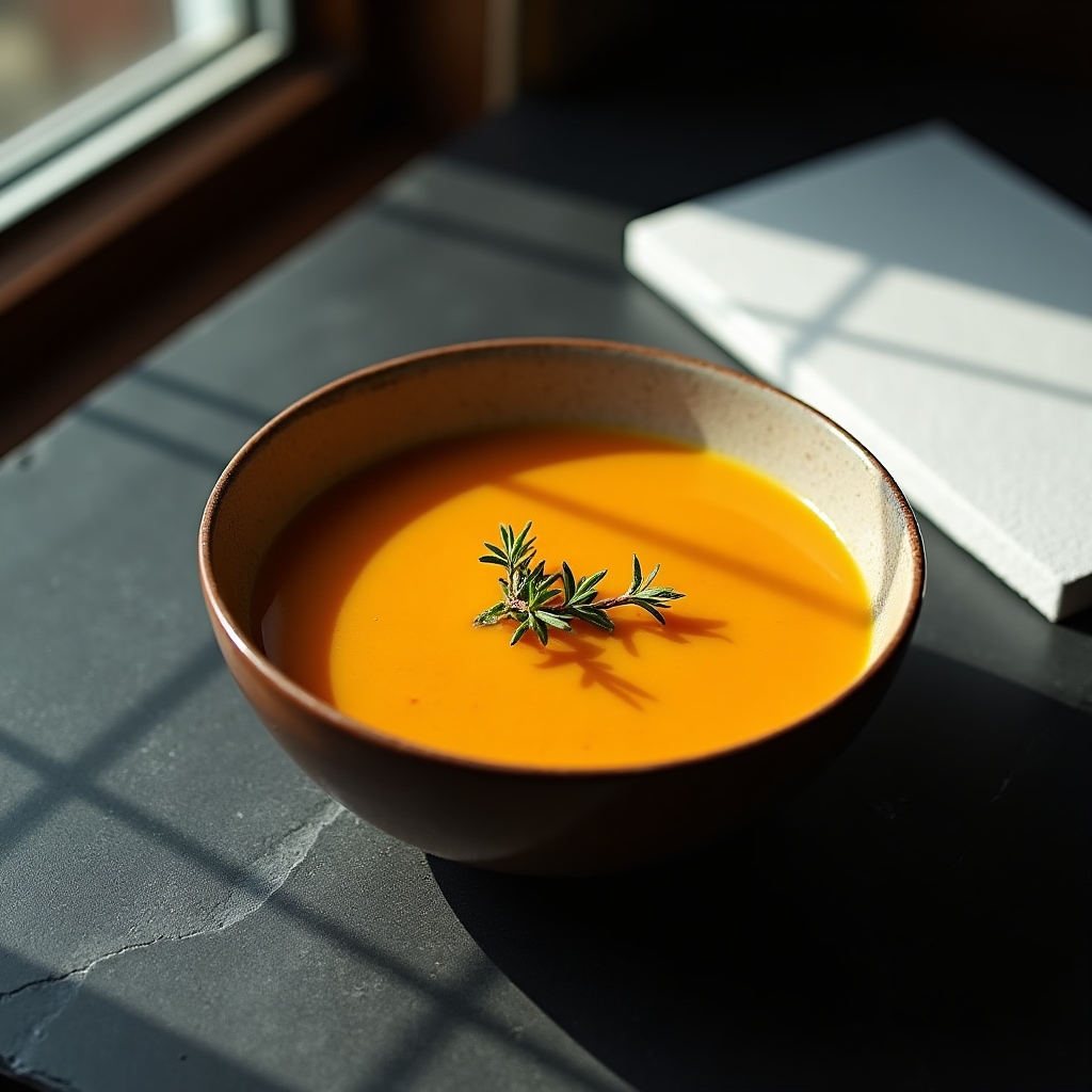 Bowl of soup photographed with dramatic side window light creating depth and texture, foam board visible on opposite side